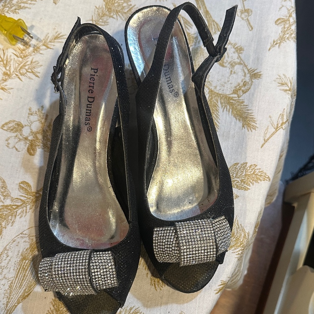 Pierre Dumas Black Slingback Peep-Toe Heels with Crystal Bow Accent